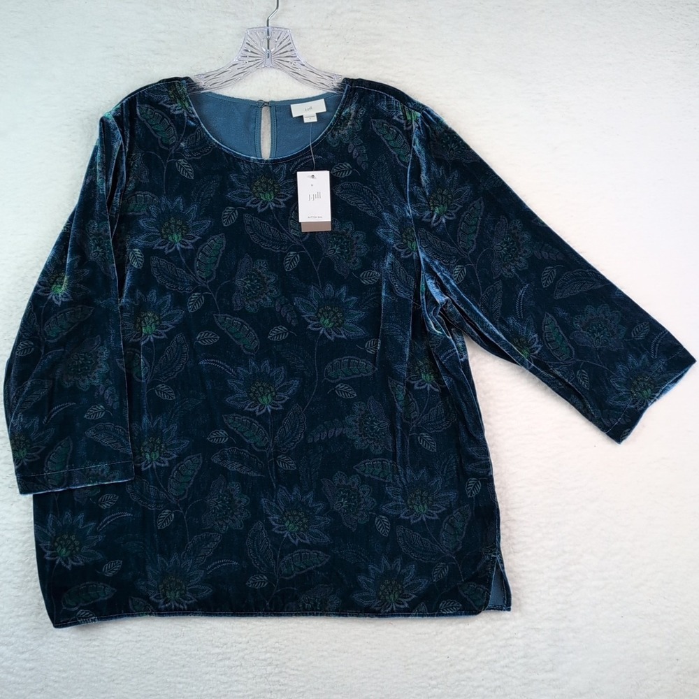 NWT J Jill Floral Velvet Top‎ Women's Large Peacock Blue 3/4 Sleeve